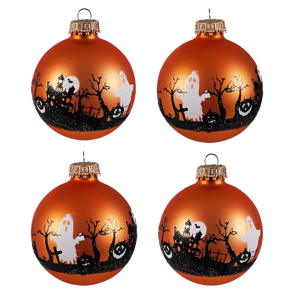 Graveyard Scene Orange Ball Ornaments Set/4