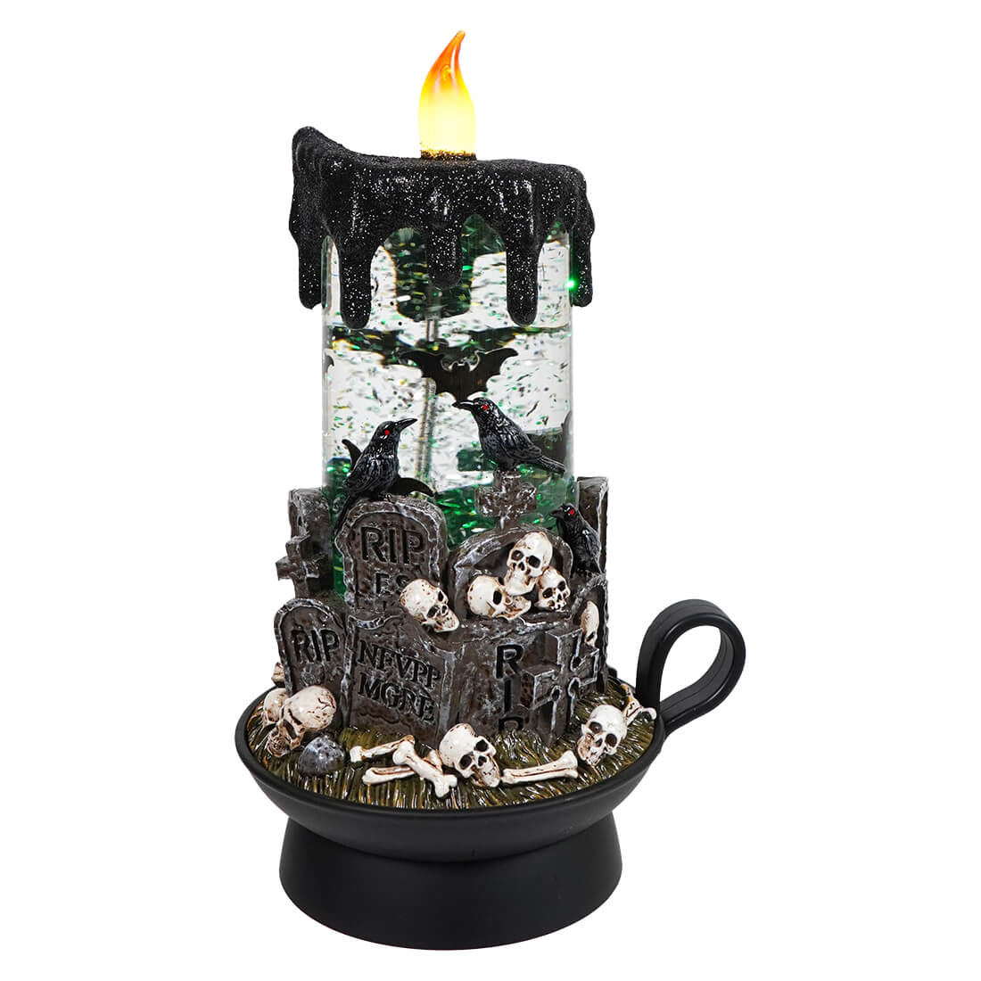 Green Lighted Spinning Water Globe Graveyard Scene Flickering Candle