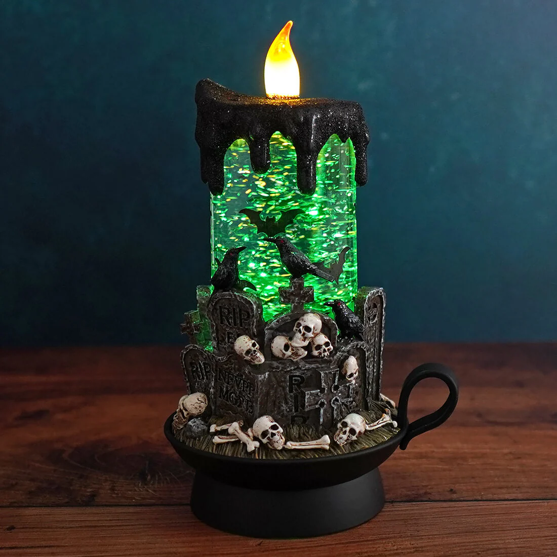 Green Lighted Spinning Water Globe Graveyard Scene Flickering Candle - Image 2