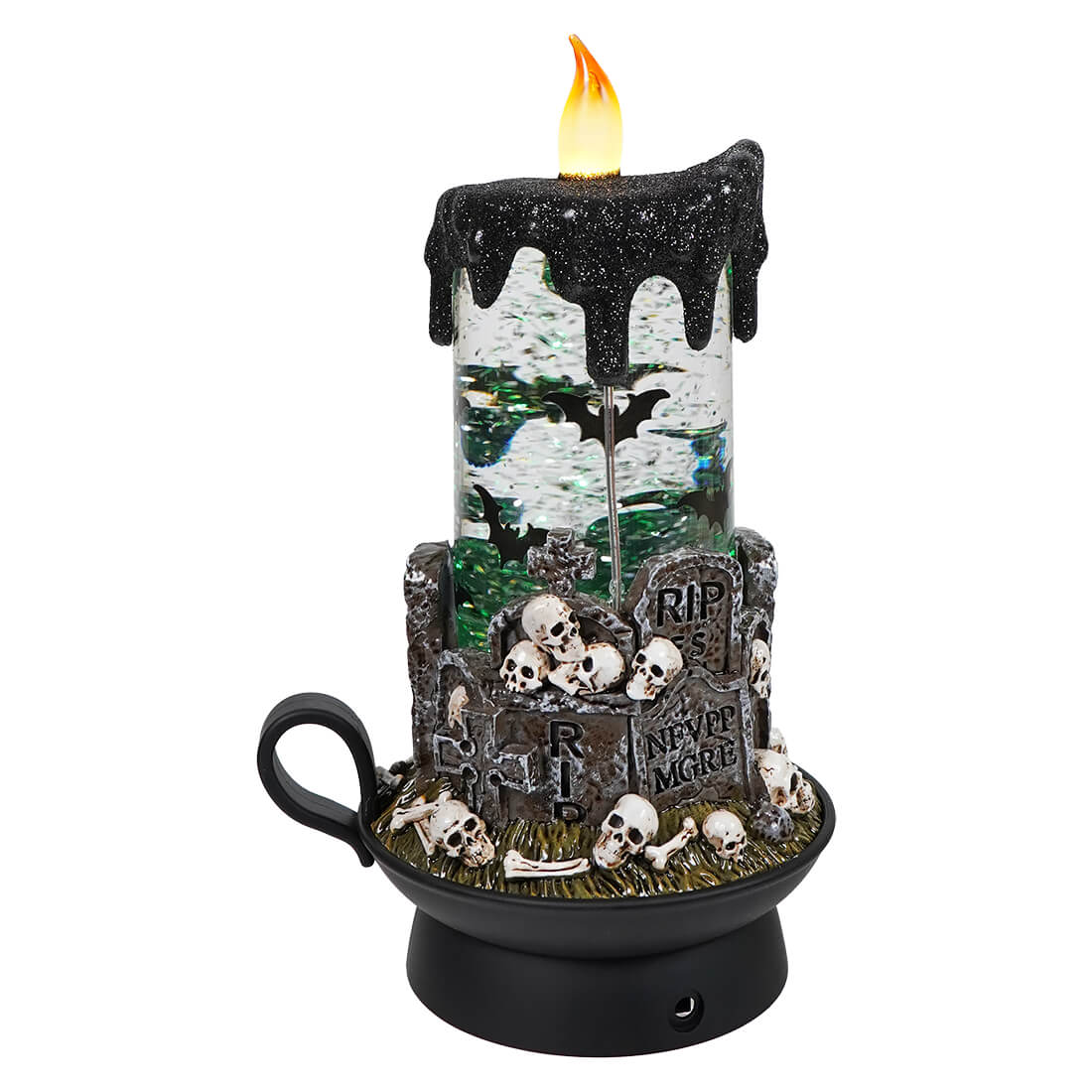 Green Lighted Spinning Water Globe Graveyard Scene Flickering Candle - Image 3