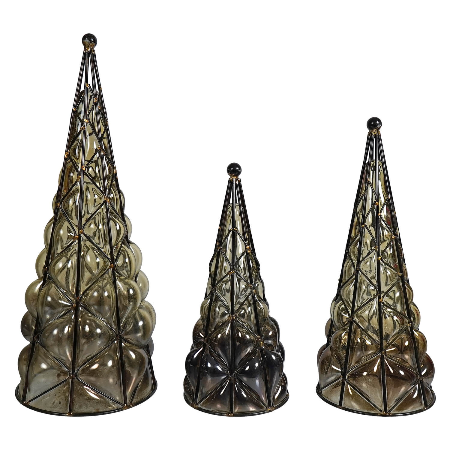 Green Metallic Blown Glass Christmas Trees In Black Metal Frame Set/3