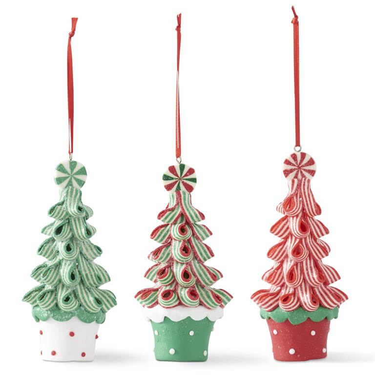 Green, Red & White Ribbon Candy Tree Ornaments Set/3