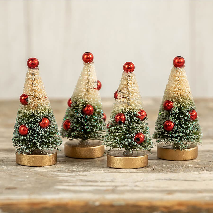 Green Striped Bottle Brush Trees With Red Beads Set/4 - Image 3