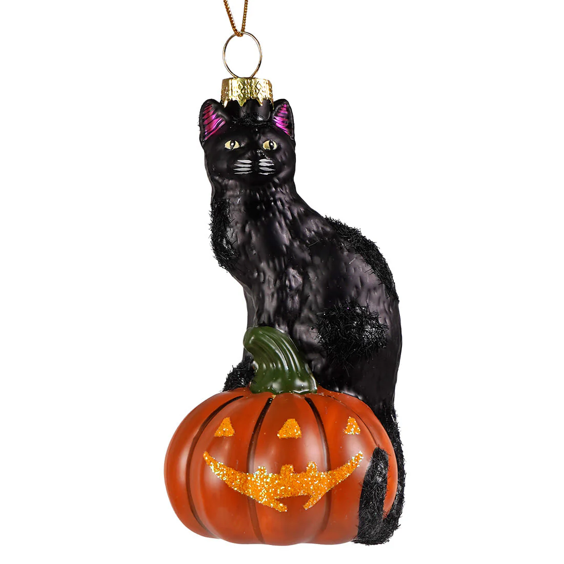 Hallow's Eve - Black Cat Sitting Upon Jack-O'-Lantern Glass Ornament