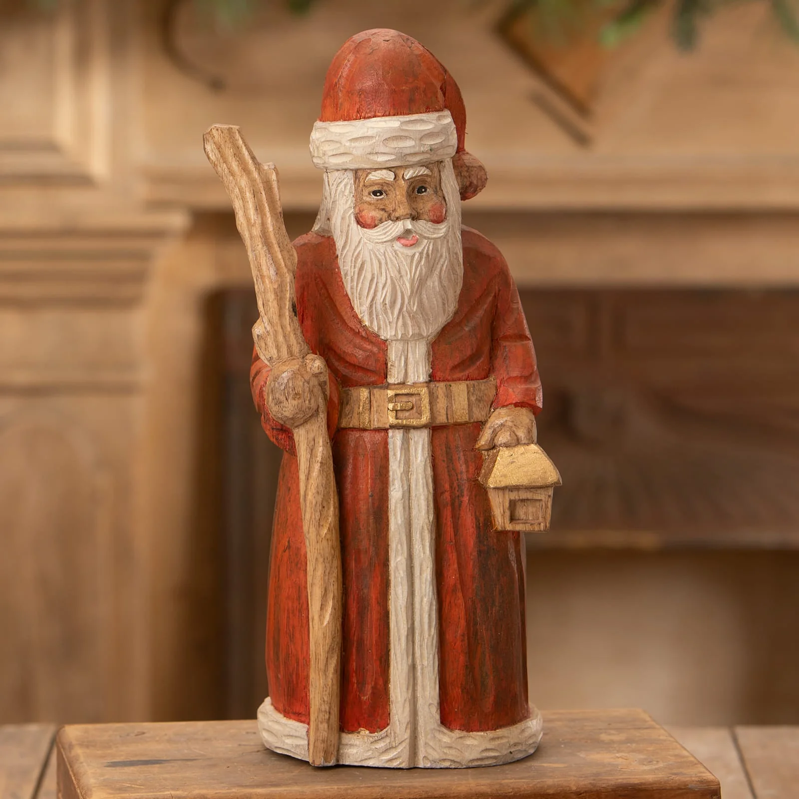 Hand Carved Santa with Staff - Image 2