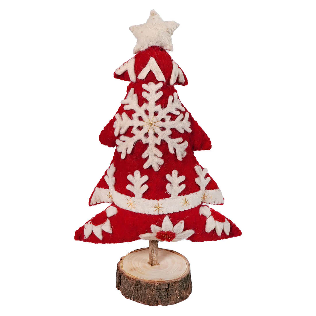Handmade Wool Felt Christmas Tree With Applique, Embroidery & Wood Slice Base