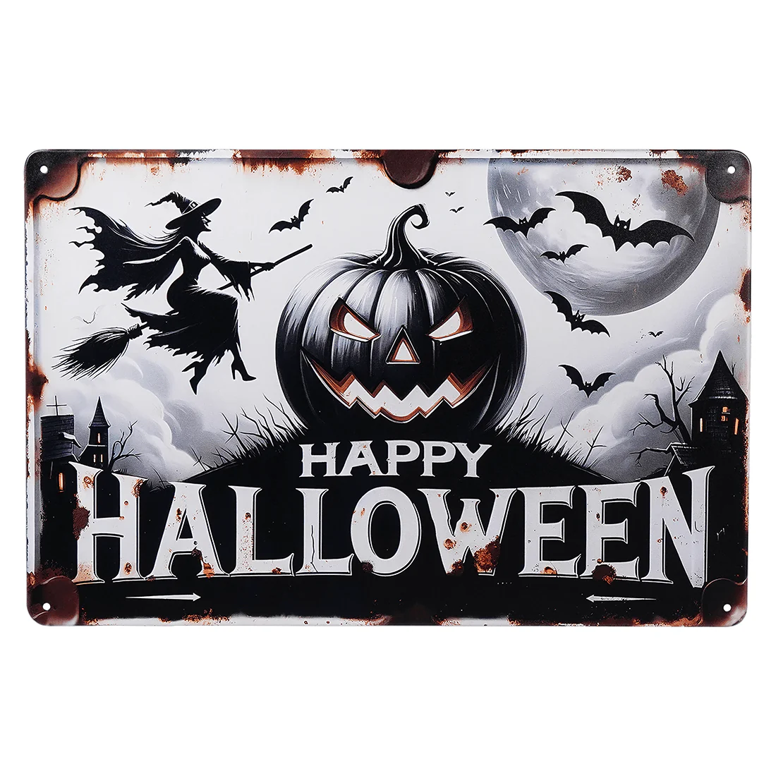 "Happy Halloween" Sinister Jack-O'-Lantern, Bats & Witch Metal Sign