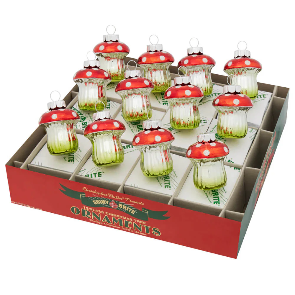 Holiday Splendor Red & White Dotted Mushroom Ornaments Set/12