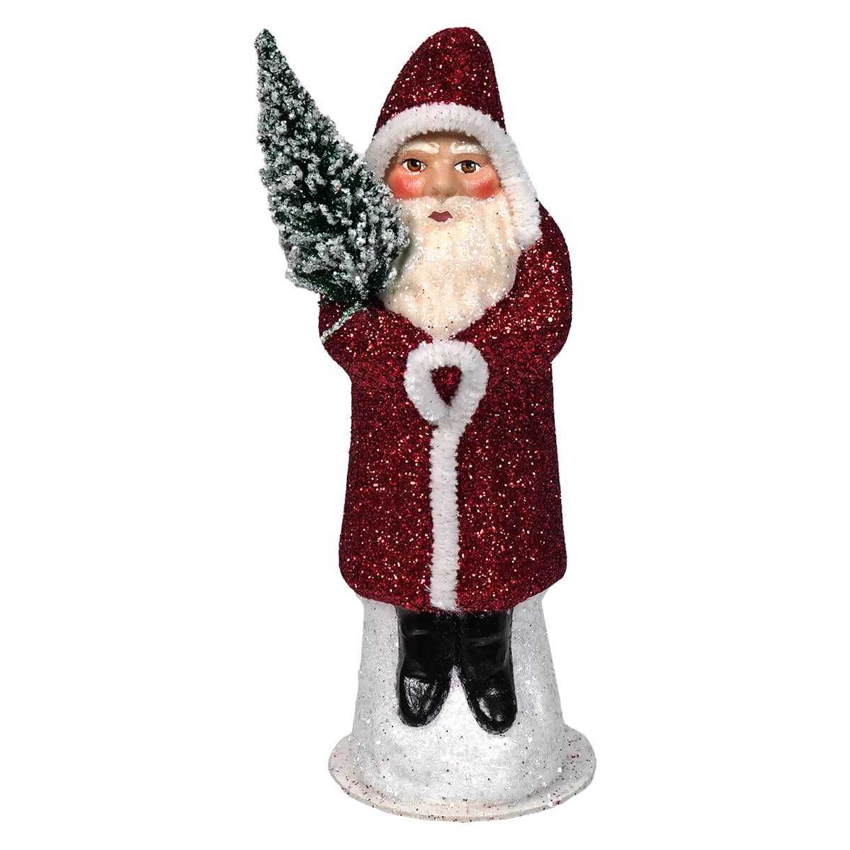 Ino Schaller Glittered Red Coat Santa Holding Frosted Tree
