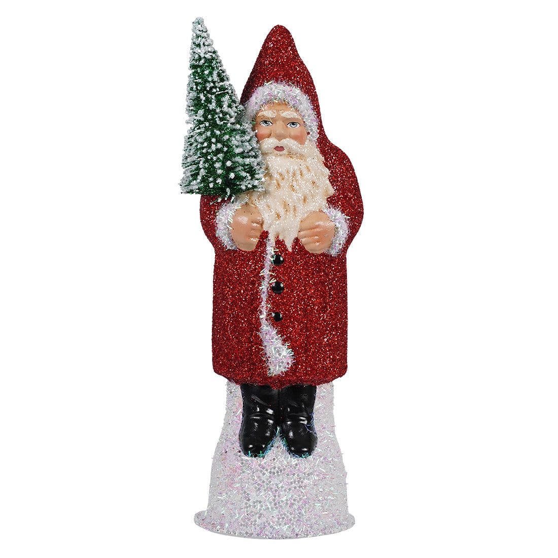 Ino Schaller Red Glitter Coat Santa Holding Green Frosted Tree