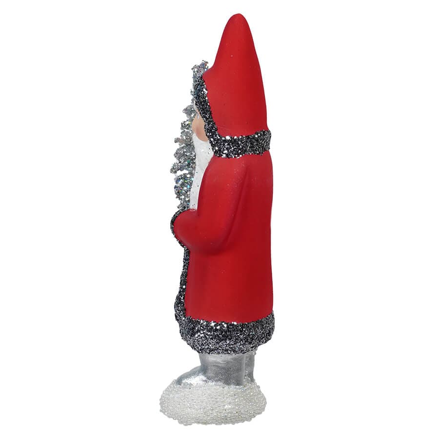 Ino Schaller Red Santa With Grey Glitter Trim Holding Tree - Image 2
