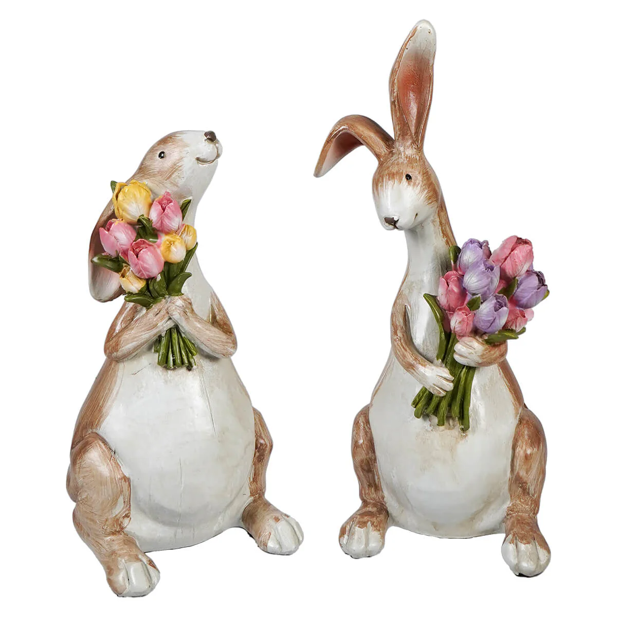 Joyful Brown Bunnies Clutching Spring Floral Bouquets Set/2