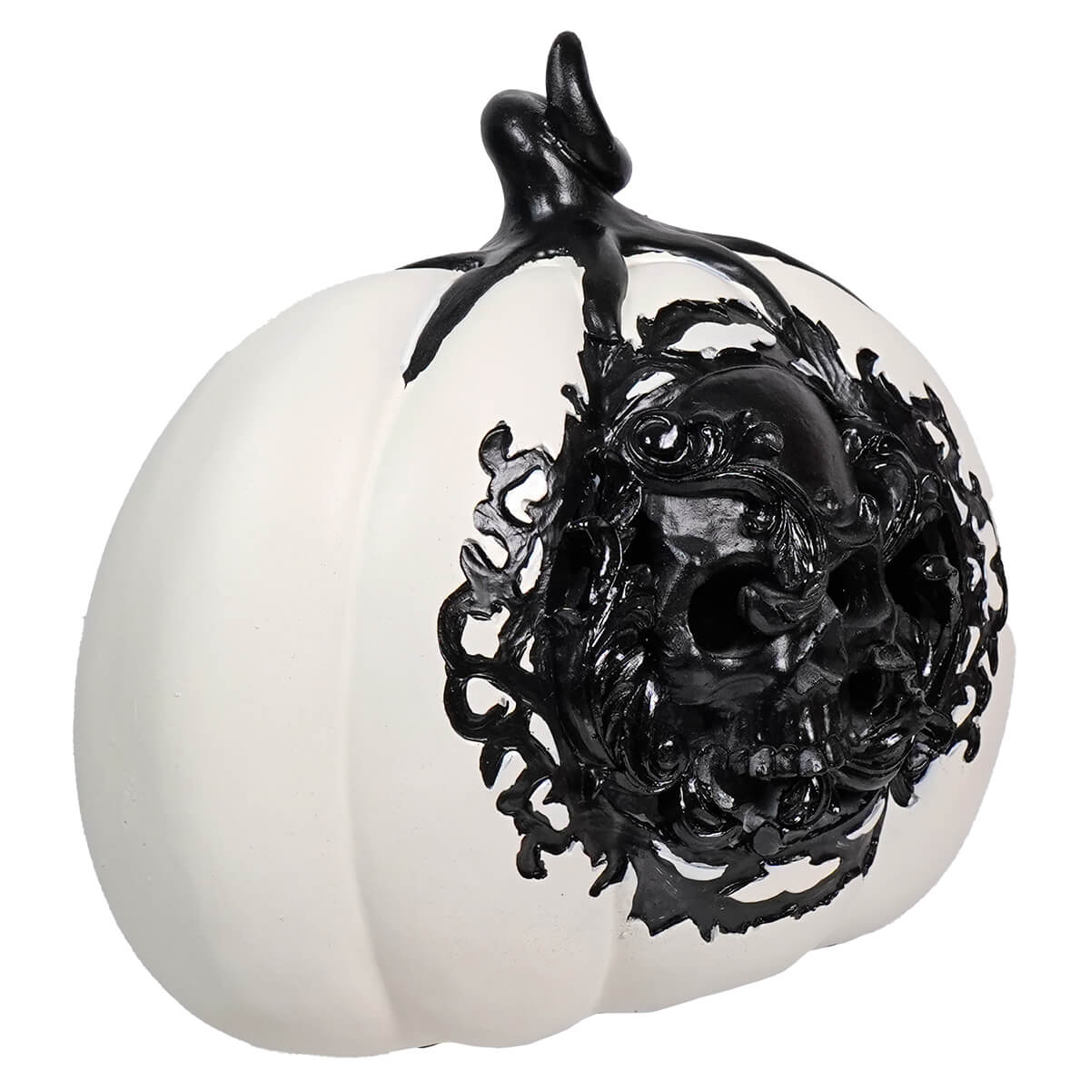 Lighted Black & White Filigree Skull Pumpkin - Image 2