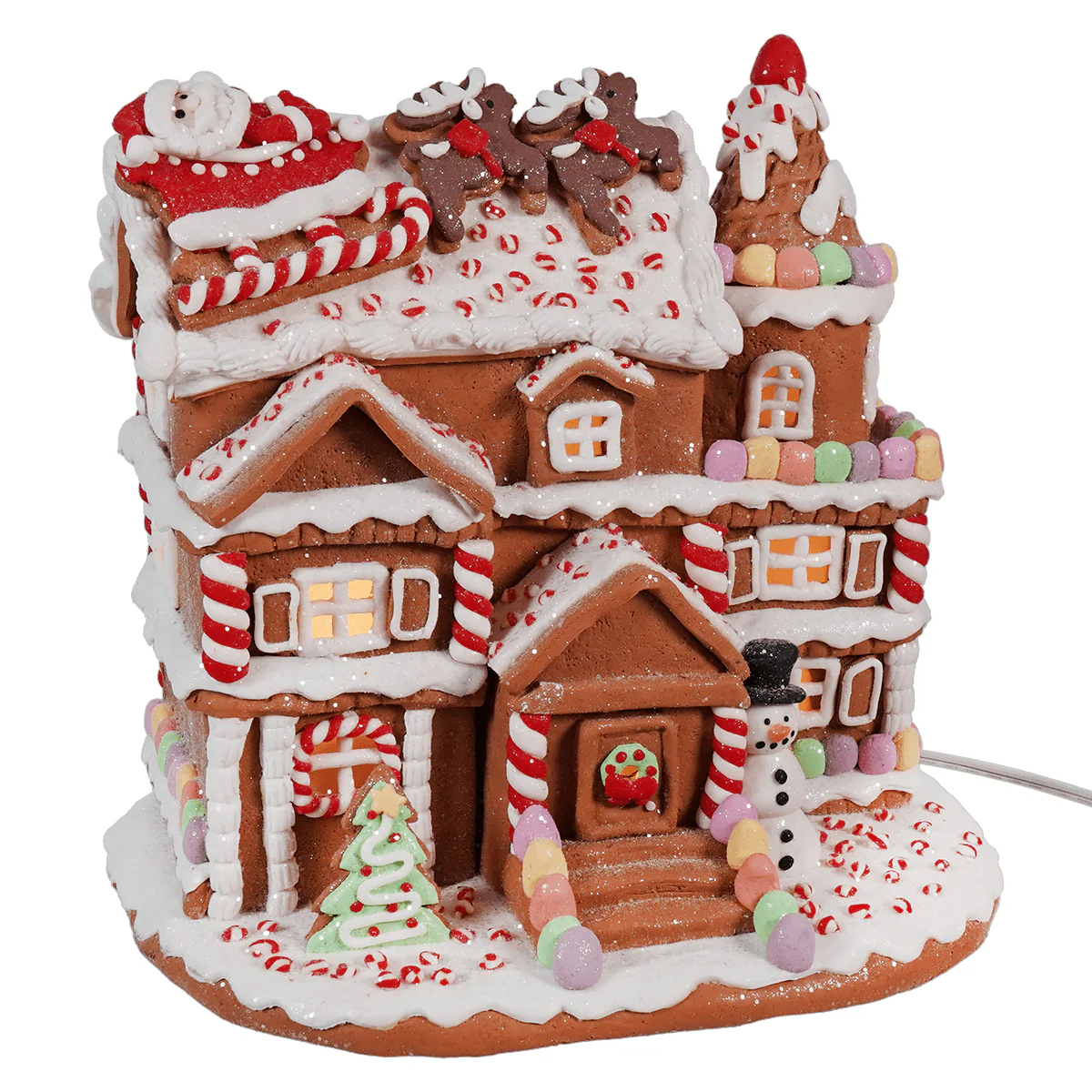 Lighted Gingerbread Junction House With Snowman & Santa In Sleigh