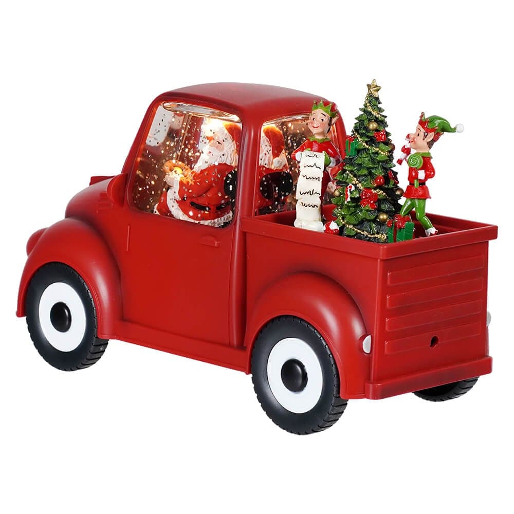 Lighted Holiday Santa & Elves Red Truck Spinning Water Globe - Image 2