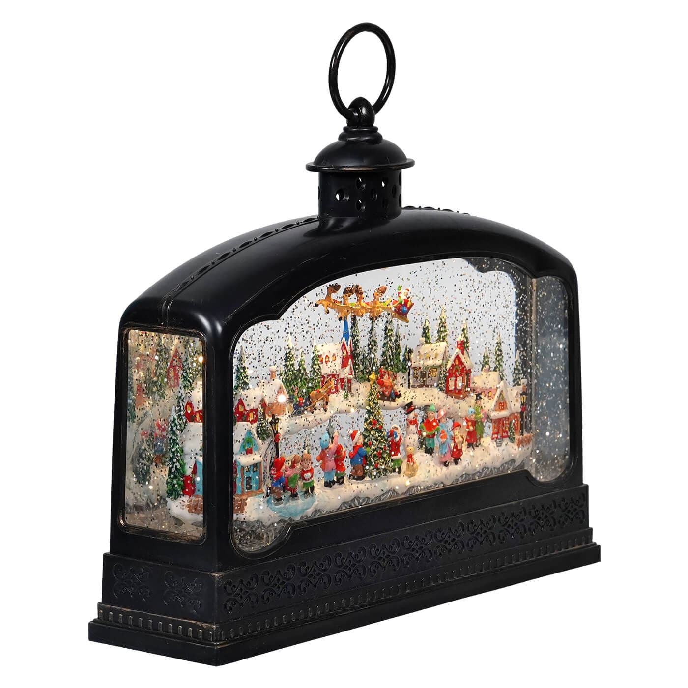 Lighted Holiday Santa Village Scene Spinning Water Globe Lantern - Image 2