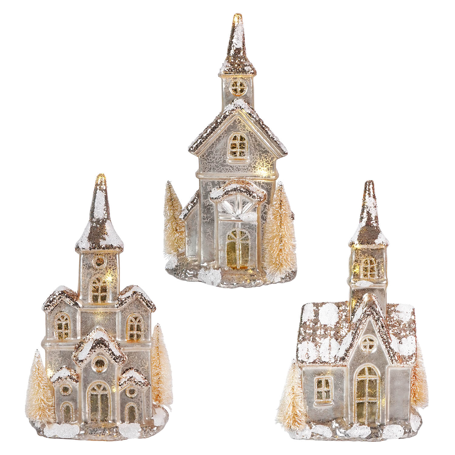 Lighted LED Silver Glittered Mercury Glass Houses Set/3