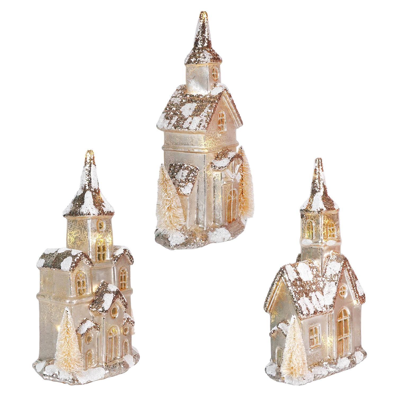 Lighted LED Silver Glittered Mercury Glass Houses Set/3 - Image 3