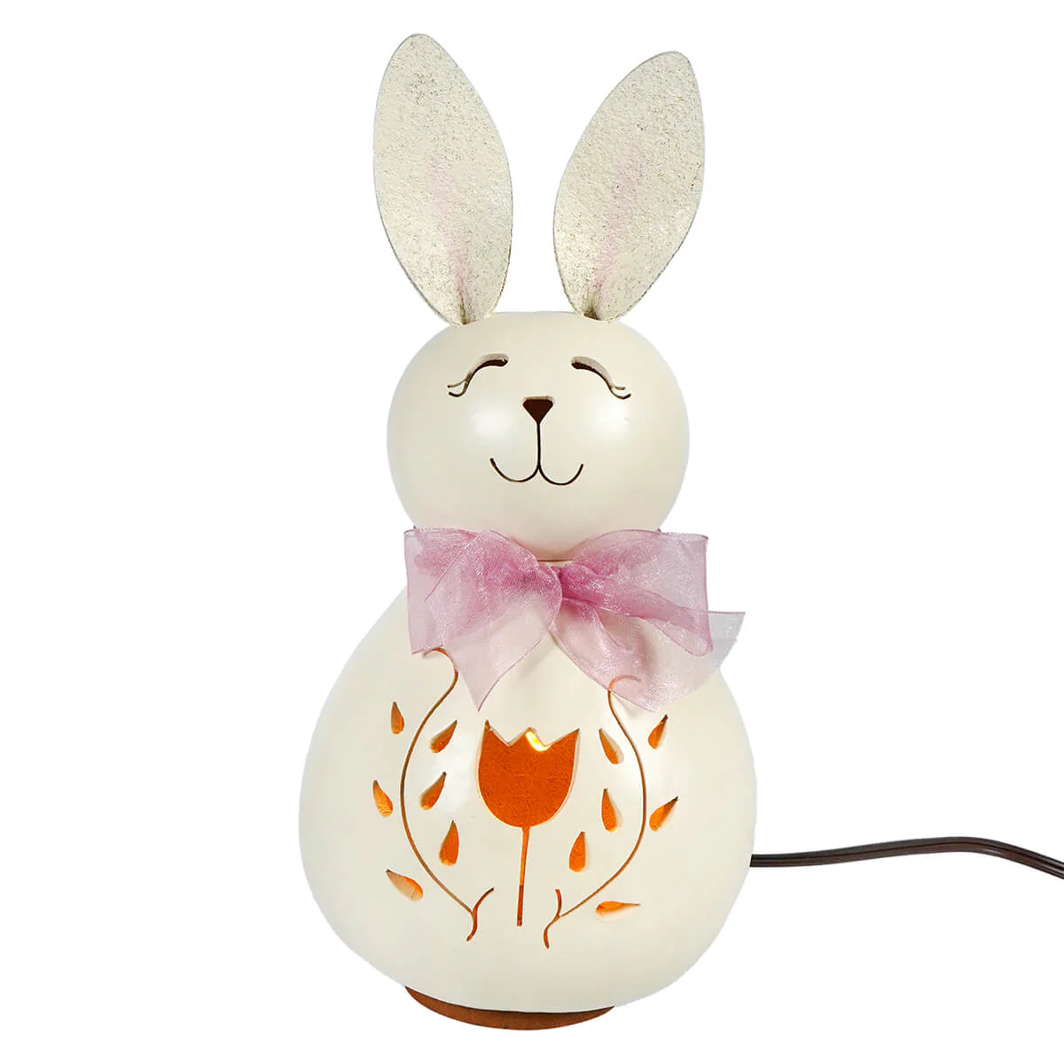 Lighted Medium White Poppy Bunny Gourd With Tulip & Vines Cutout - Image 2