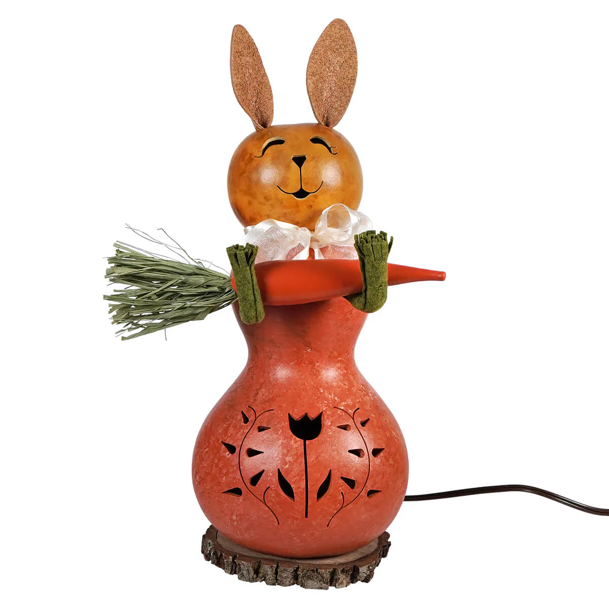 Lighted Orange Willow Bunny Gourd With Tulip Cutout Holding Carrot