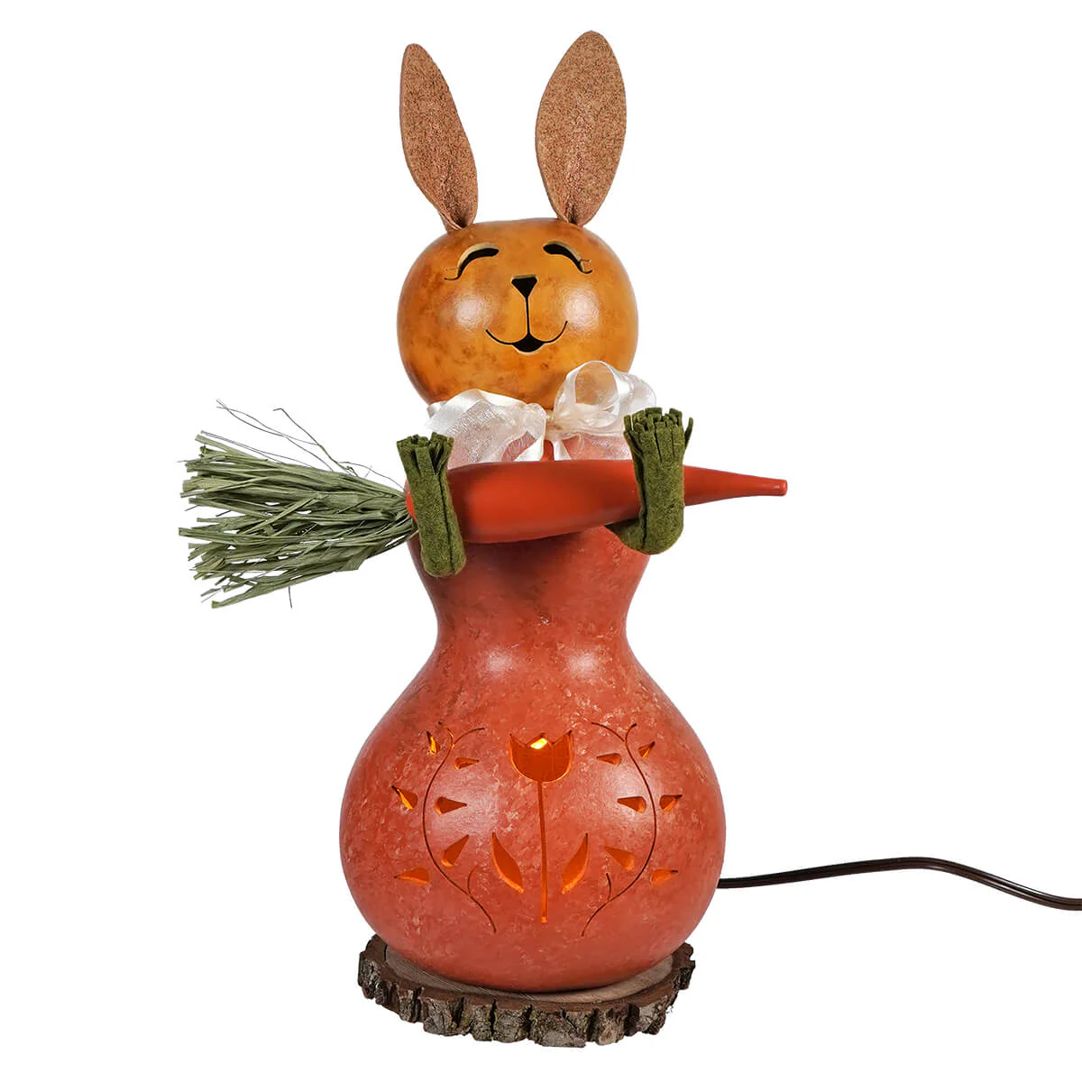 Lighted Orange Willow Bunny Gourd With Tulip Cutout Holding Carrot - Image 2