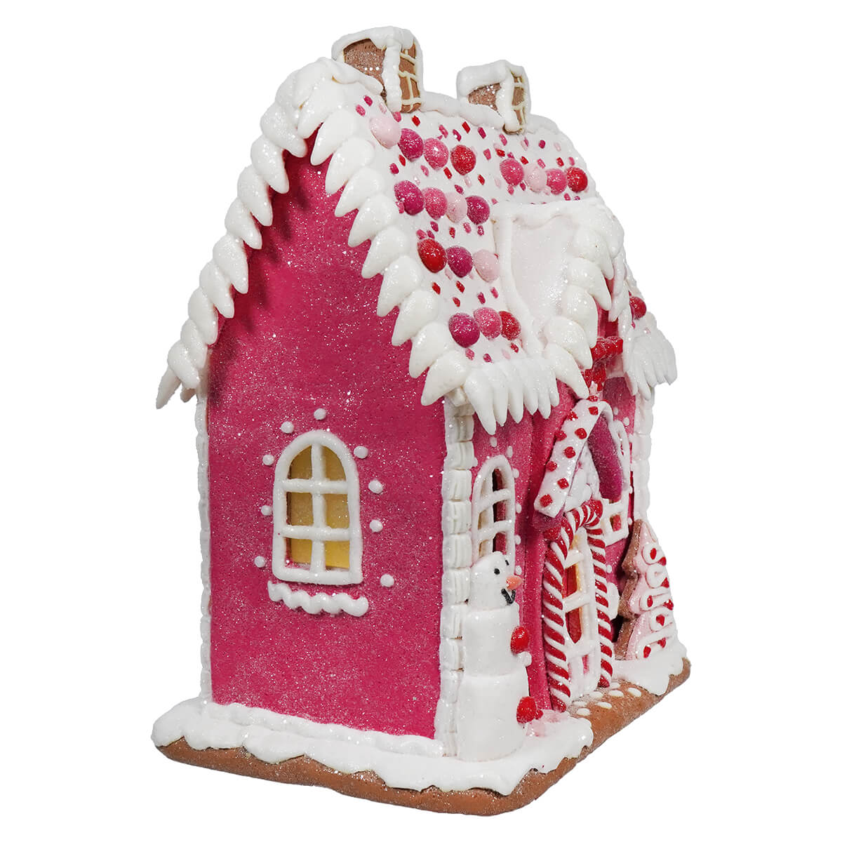 Lighted Pink Gingerbread House With Snowman - Image 2
