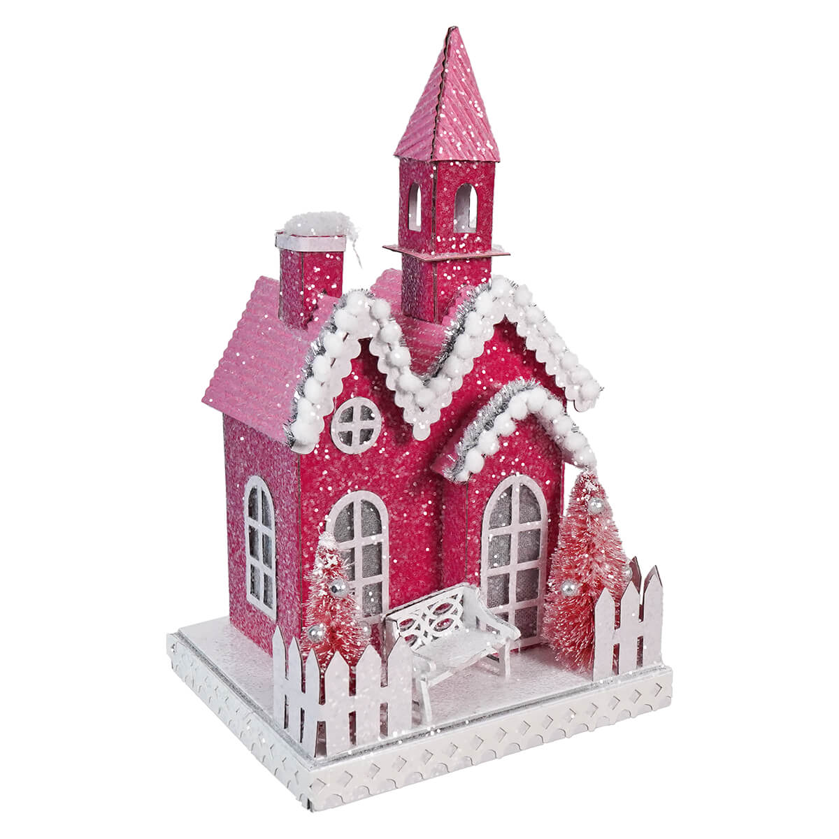 Lighted Pink Winter Village Church