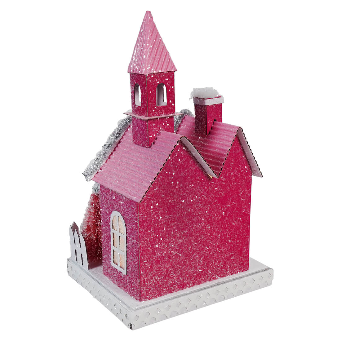 Lighted Pink Winter Village Church - Image 3