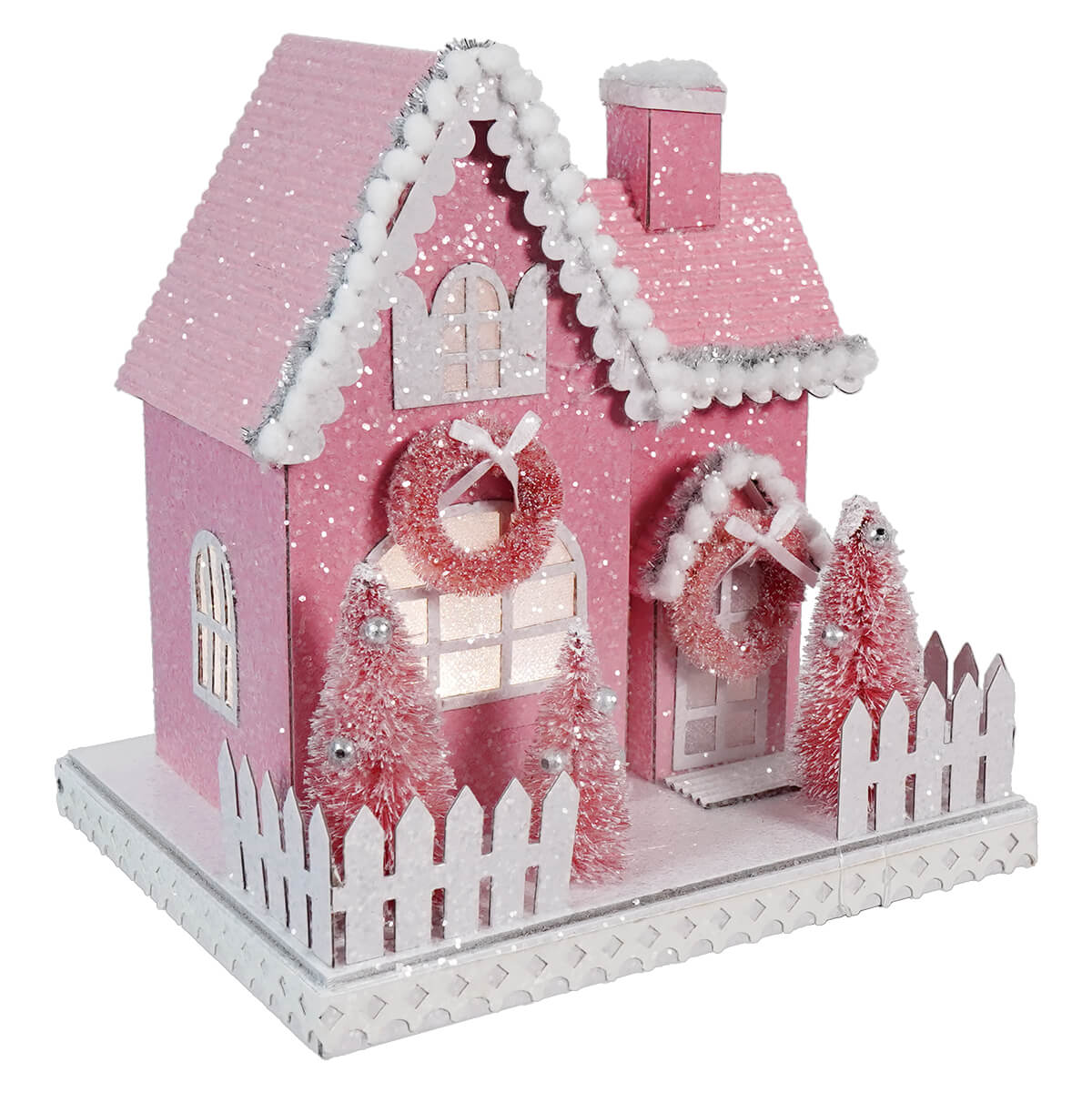 Lighted Pink Winter Village House