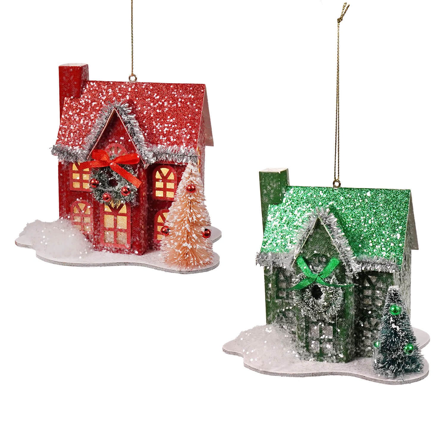 Lighted Red & Green Holiday Lane House Ornaments Set/2
