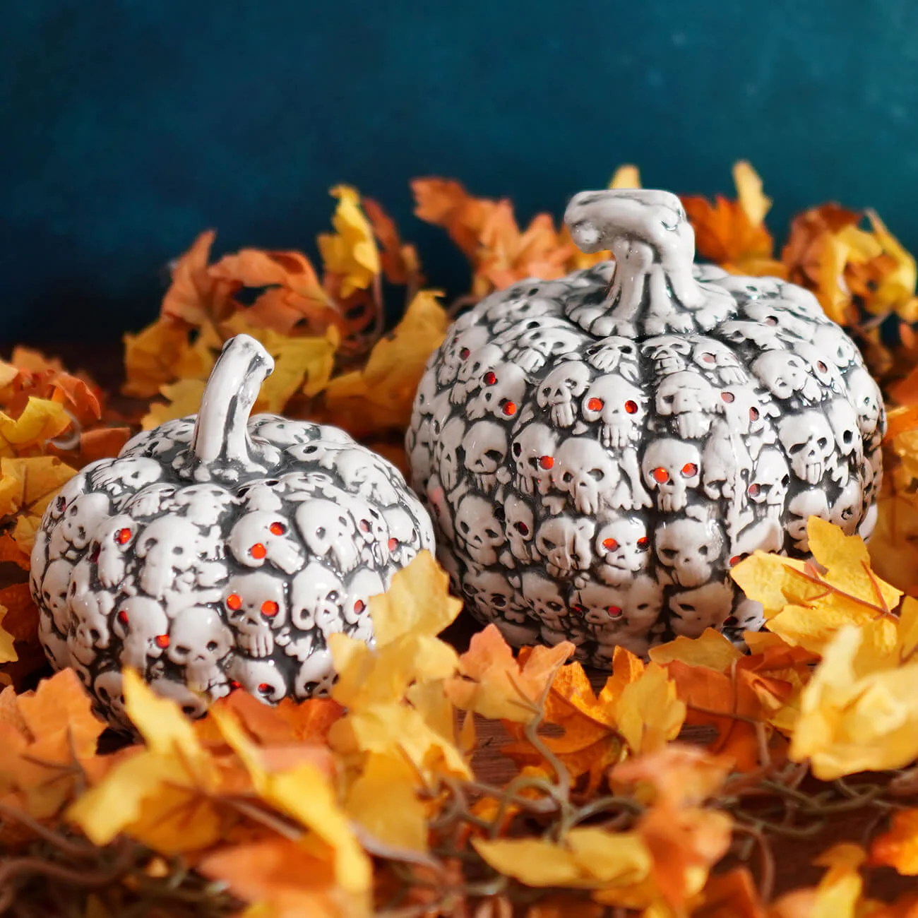 Lighted Red LED Halloween Dolomite Skull Pumpkins Set/2 - Image 2