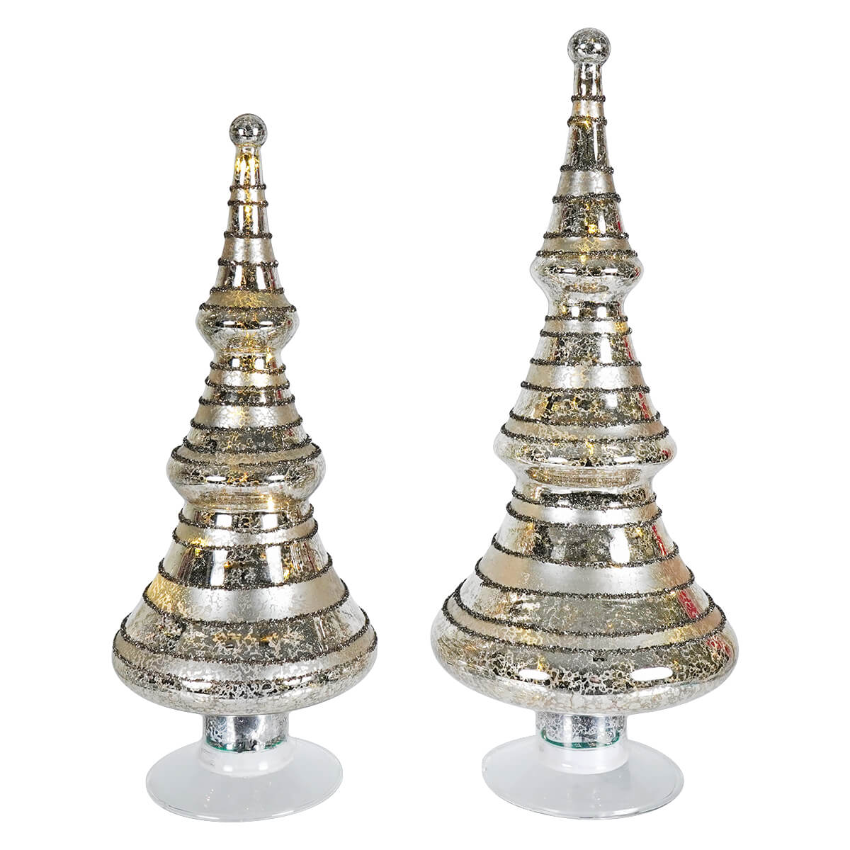 Lighted Striped & Glittered Silver Mercury Glass LED Trees Set/2