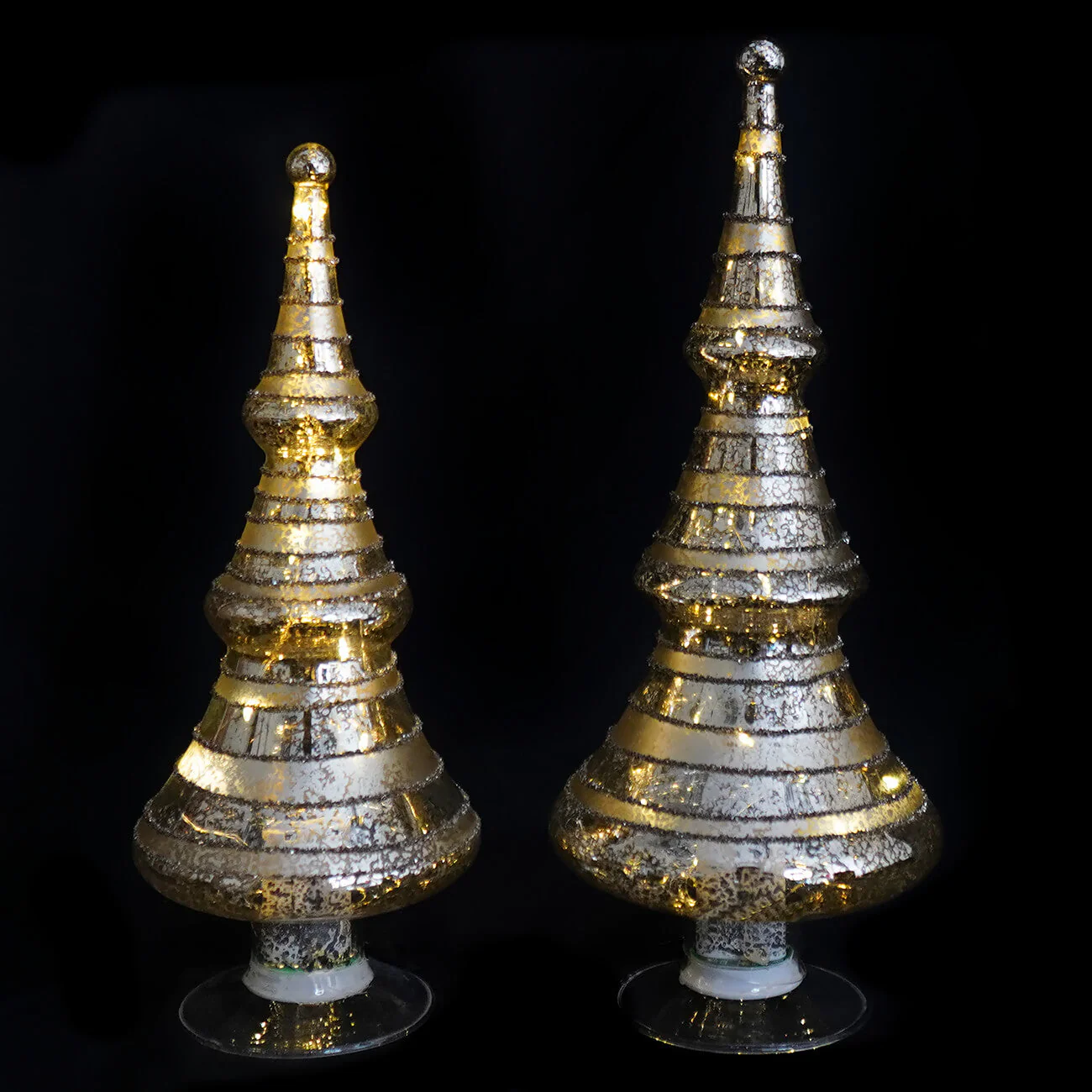Lighted Striped & Glittered Silver Mercury Glass LED Trees Set/2 - Image 2