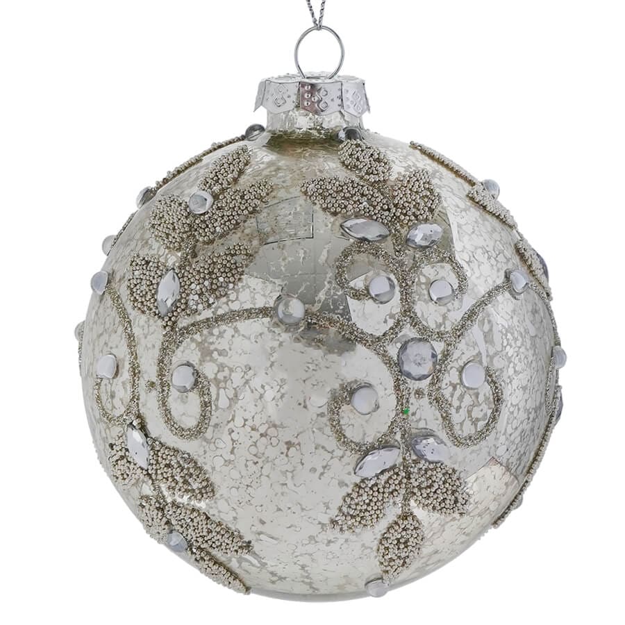 Mercury Glass Gemstone Leaf Pattern Ball Ornament