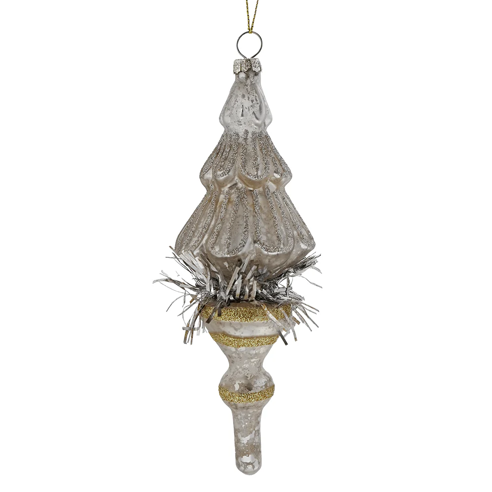 Milky White Mercury Glass Tinsel Tree Ornament With Gold & Silver Accents