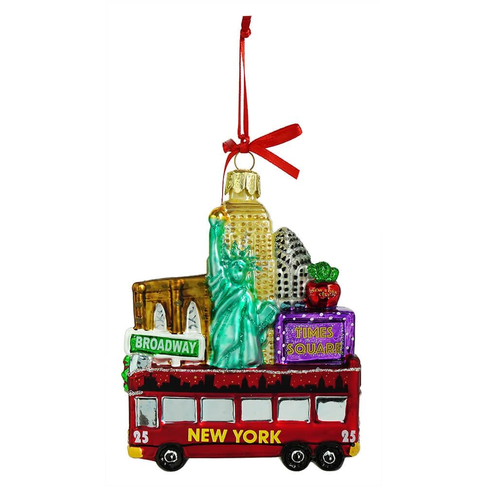 New York Bus Cityscape Glass Ornament