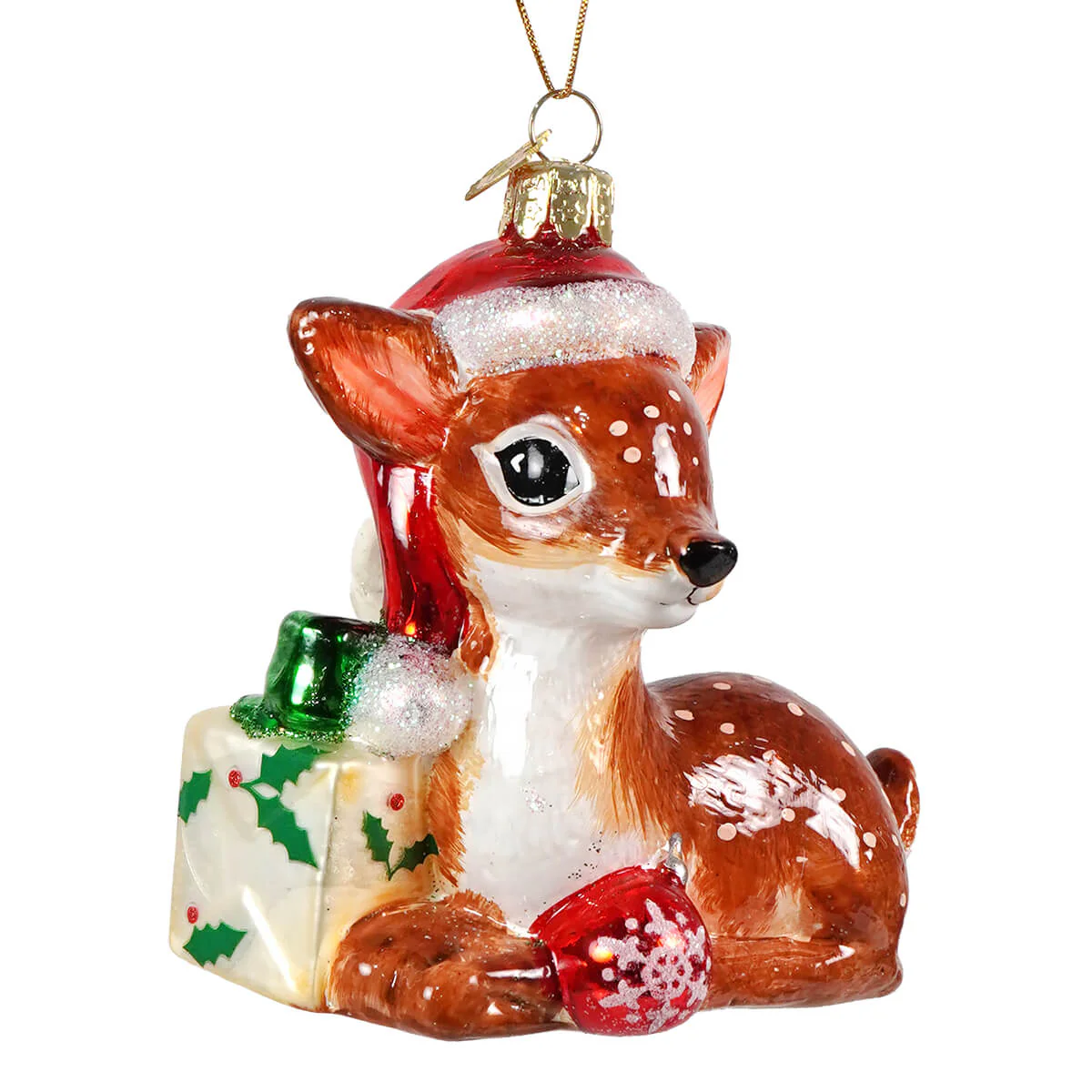 Noble Gems™ Glass Nostalgic Reindeer With Santa Hat & Gift Box Ornament