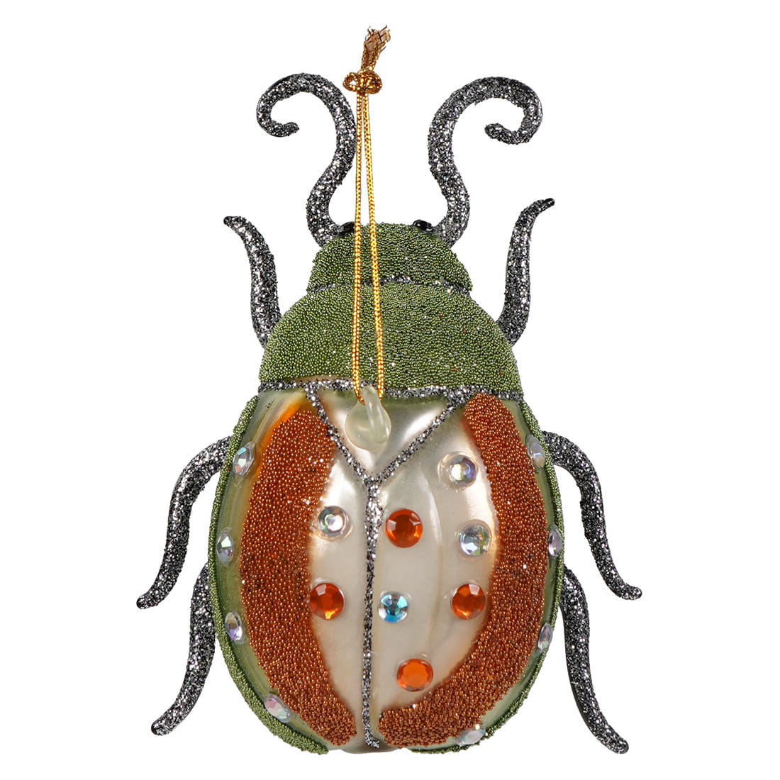 Orange & Green Beaded & Bejeweled Fanciful Insect Glass Ornament