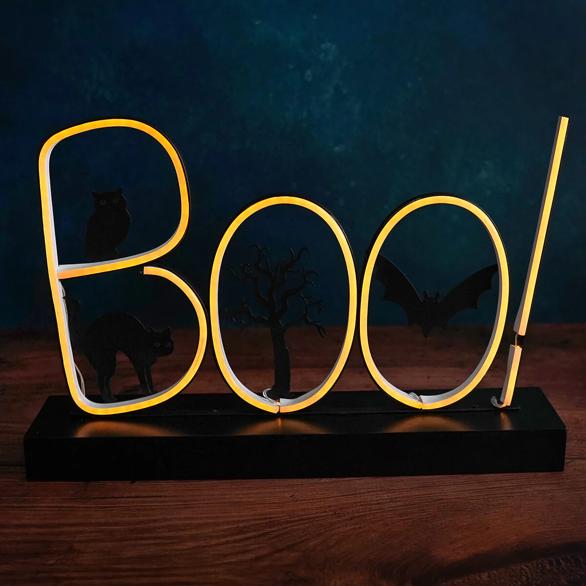 Orange Lighted Metal & Wood Halloween "BOO" Sign With Timer - Image 2