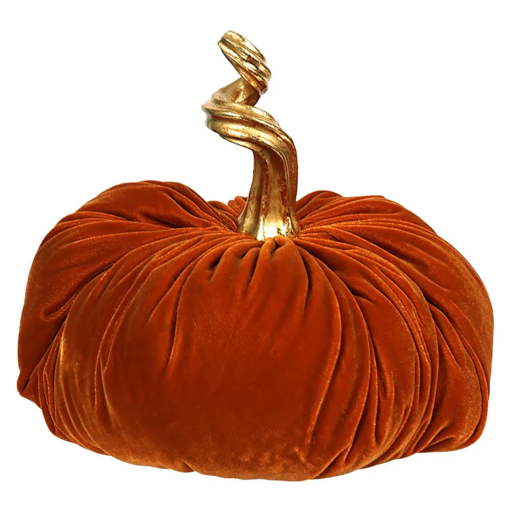 Orange Velvet Stuffed Pumpkin With Twisted Gold Stem - Image 2