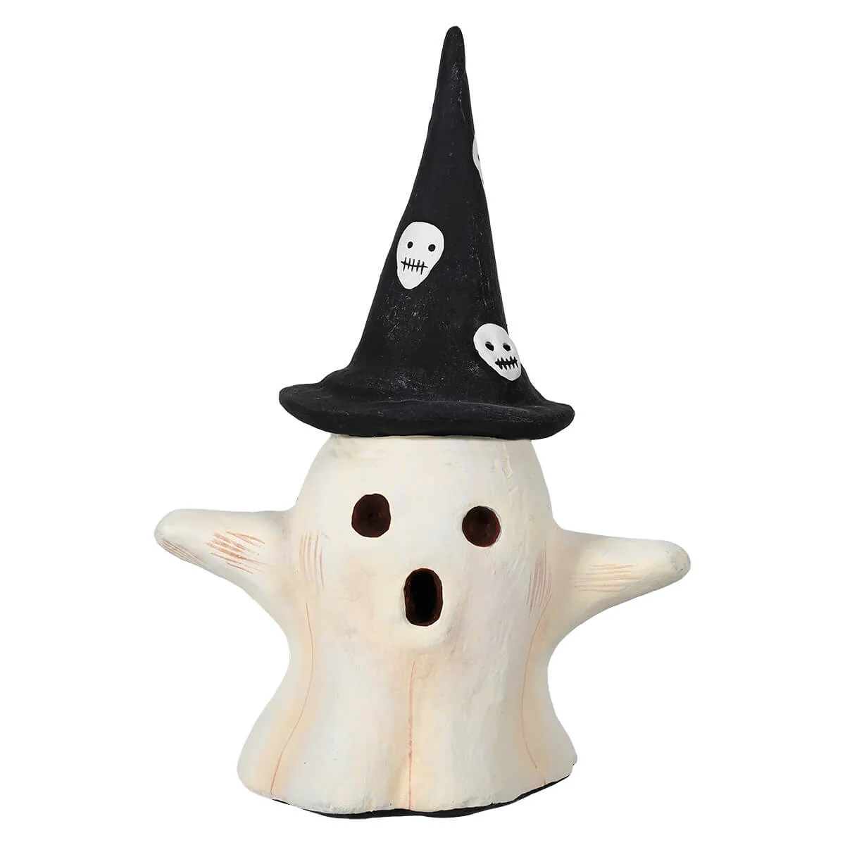 Paper Mache Ghost Wearing Witch Hat Figurine