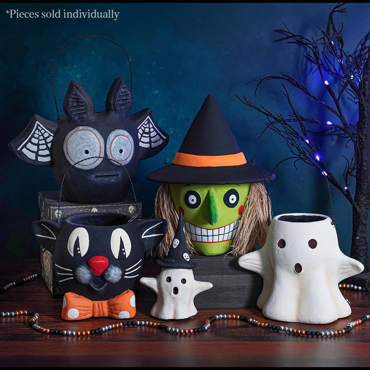 Paper Mache Ghost Wearing Witch Hat Figurine - Image 3