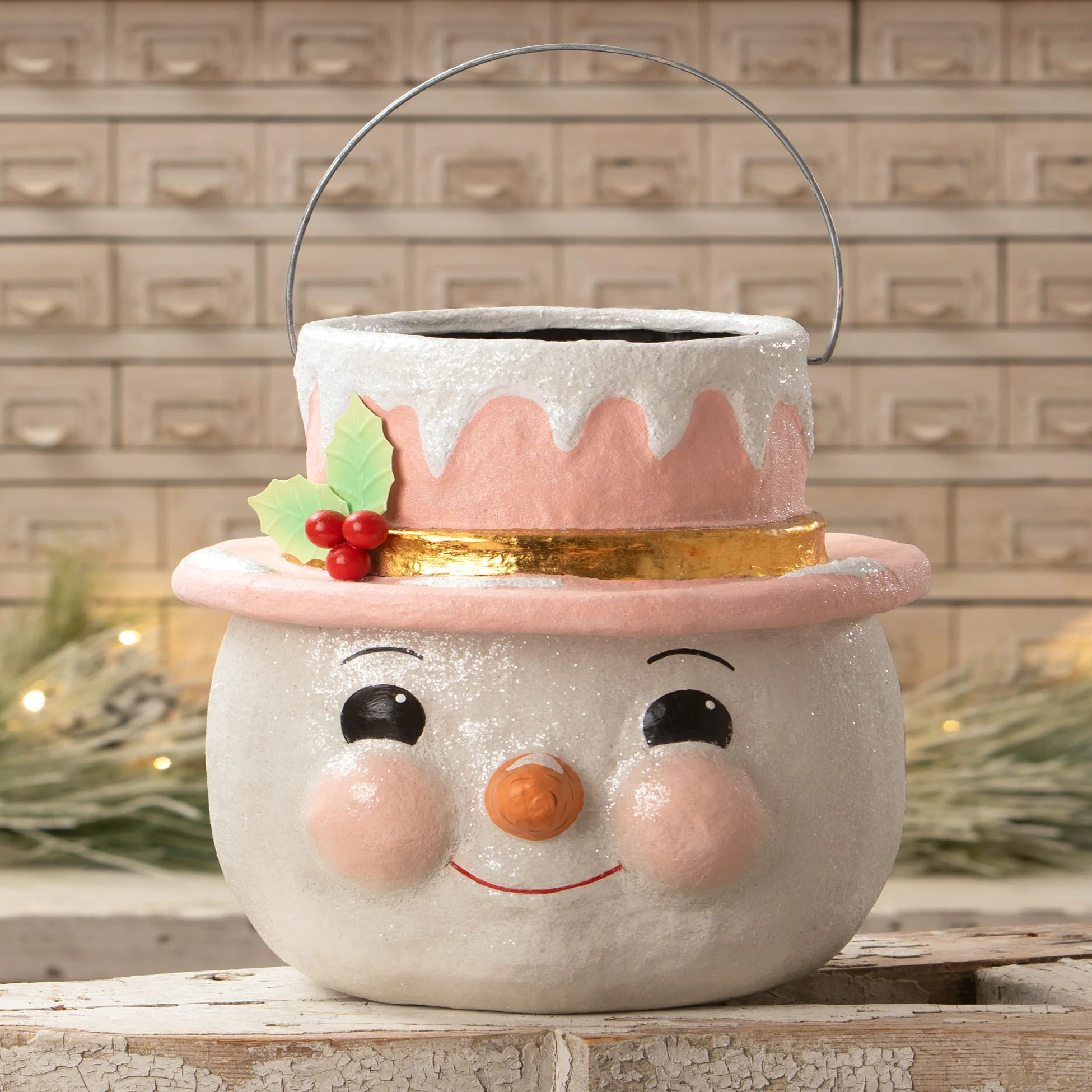 Large Pastel Holly Hat Snowman - Image 4