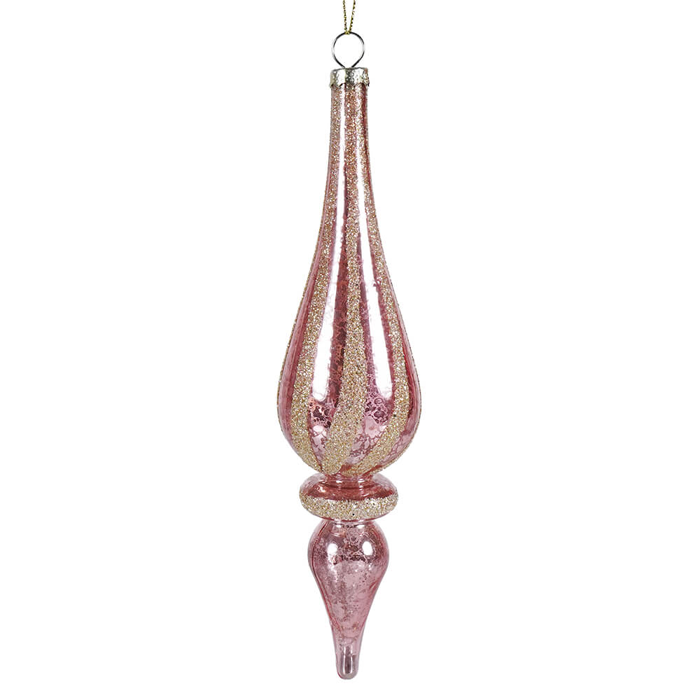 Pink Mercury Glass Finial Ornament With Champagne Glitter