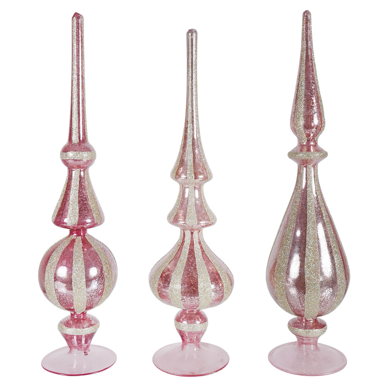 Pink Mercury Glass Finials With Champagne Glitter Set/3