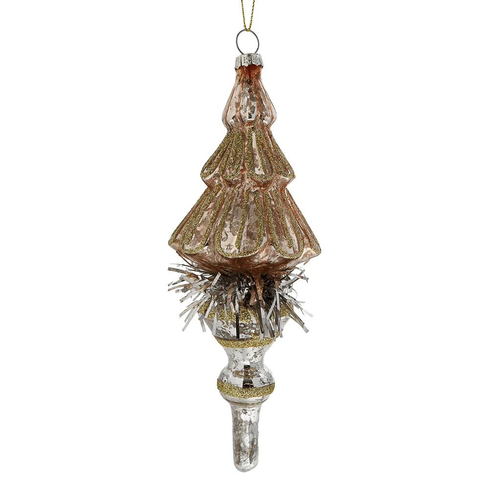 Pink & Silver Mercury Glass Tinsel Tree Ornament With Gold Accents
