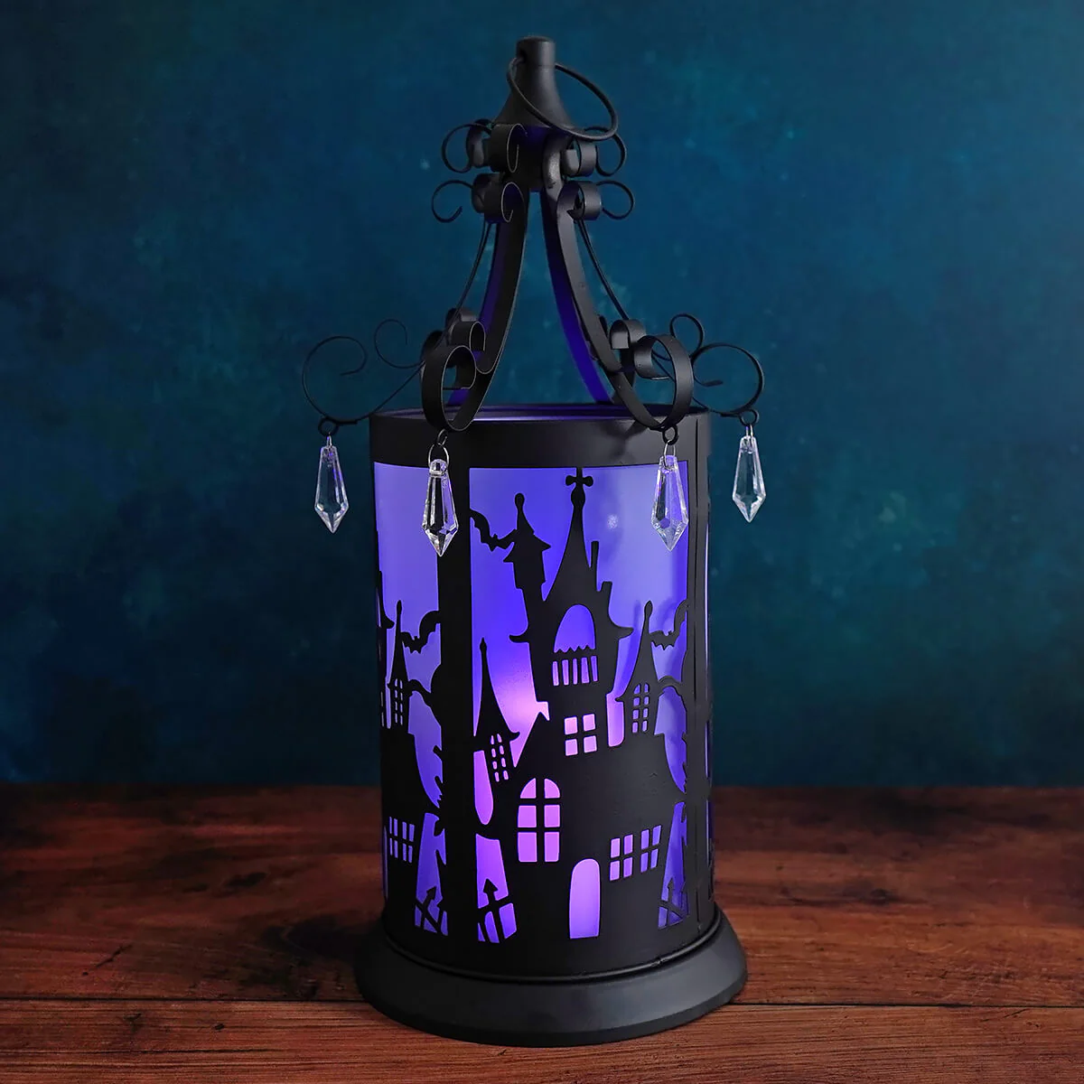Purple Lighted Metal Halloween Haunted House Lantern With LED Candle - Image 2