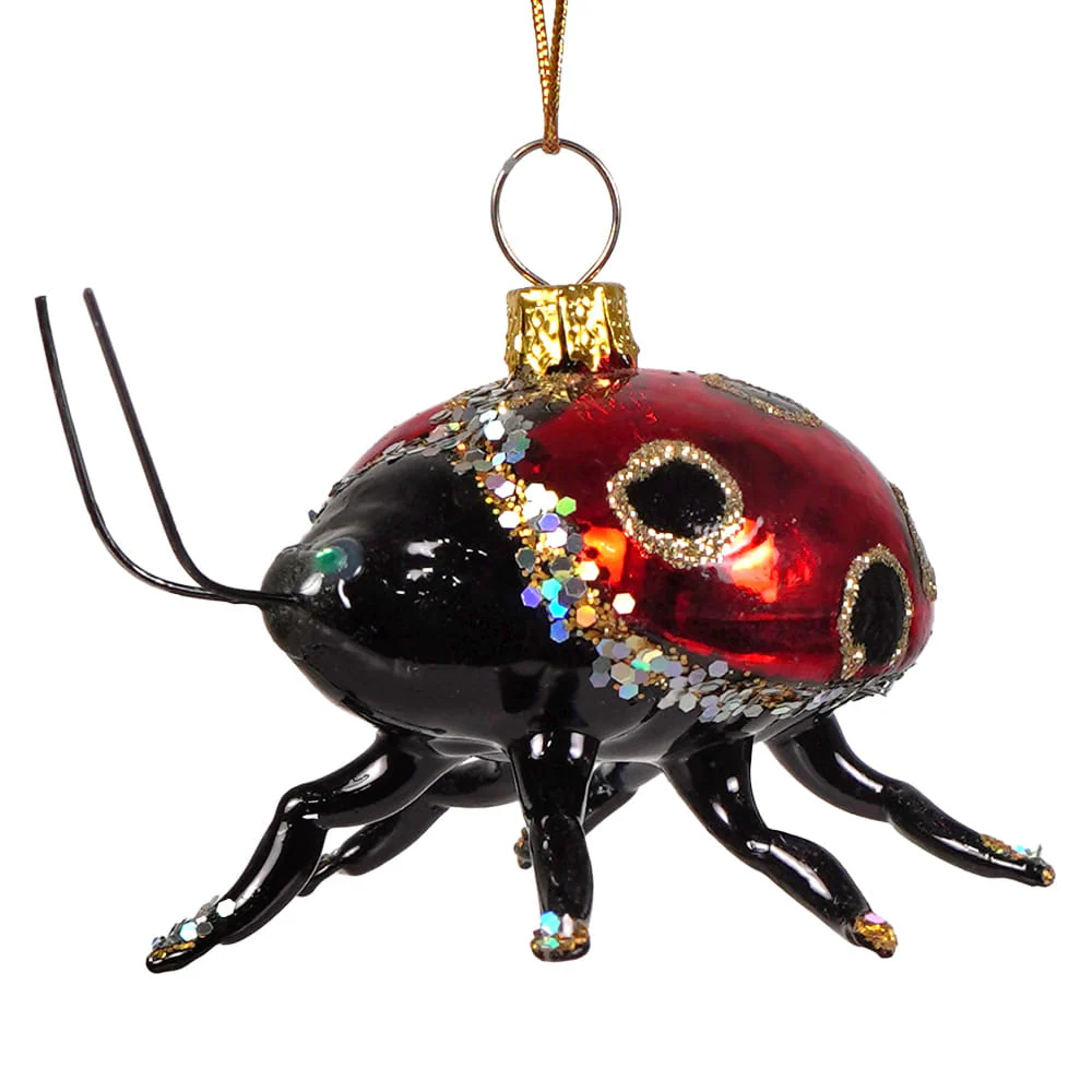 Red, Black & Gold With Silver Accents Garden Ladybug Glass Ornament