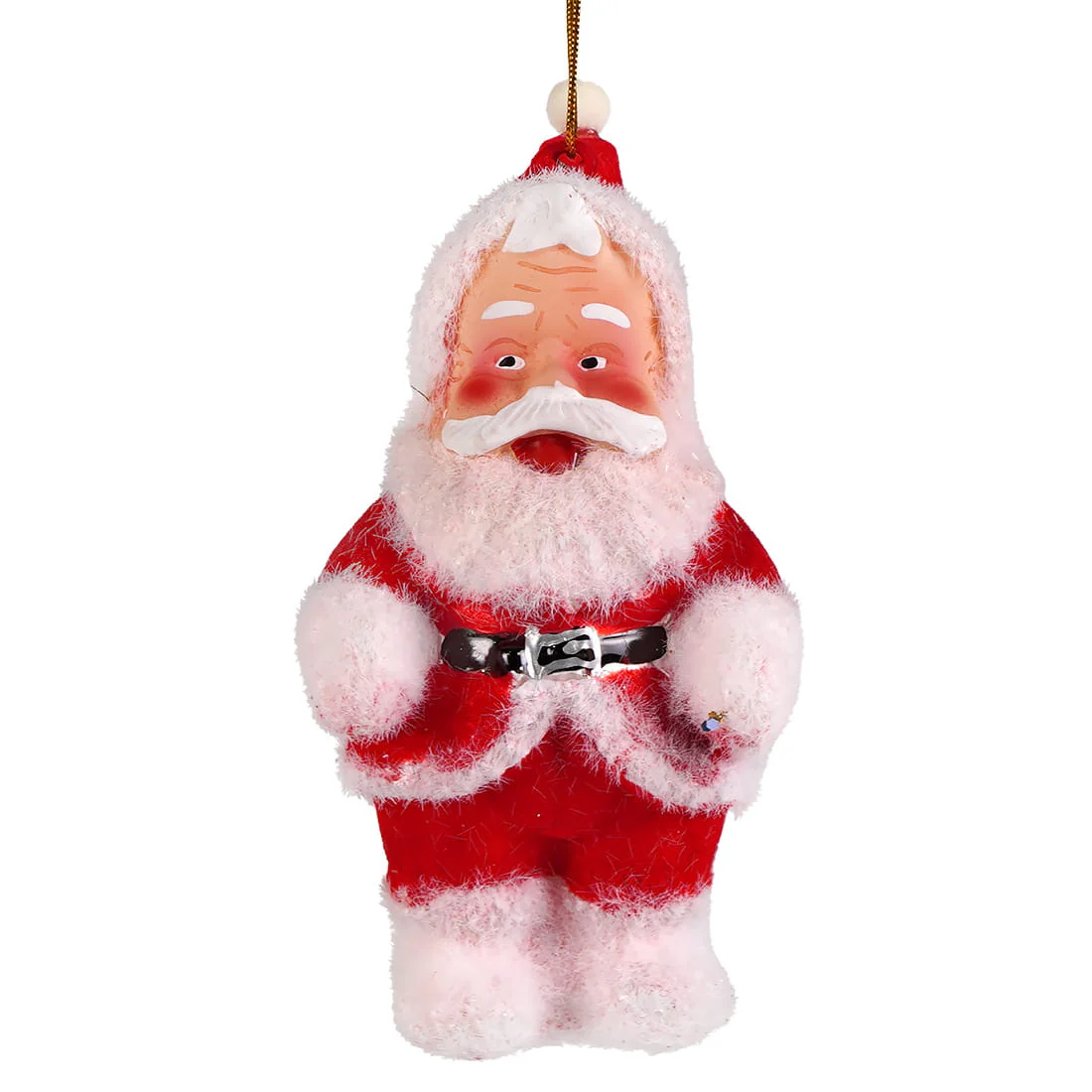 Red Flocked Jolly Santa Glass Ornament