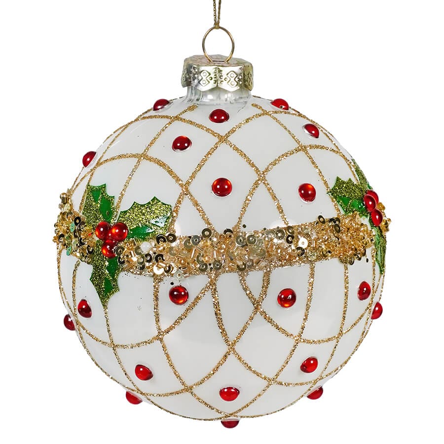 Red, White & Gold Holly Glass Ball Ornament - Image 2